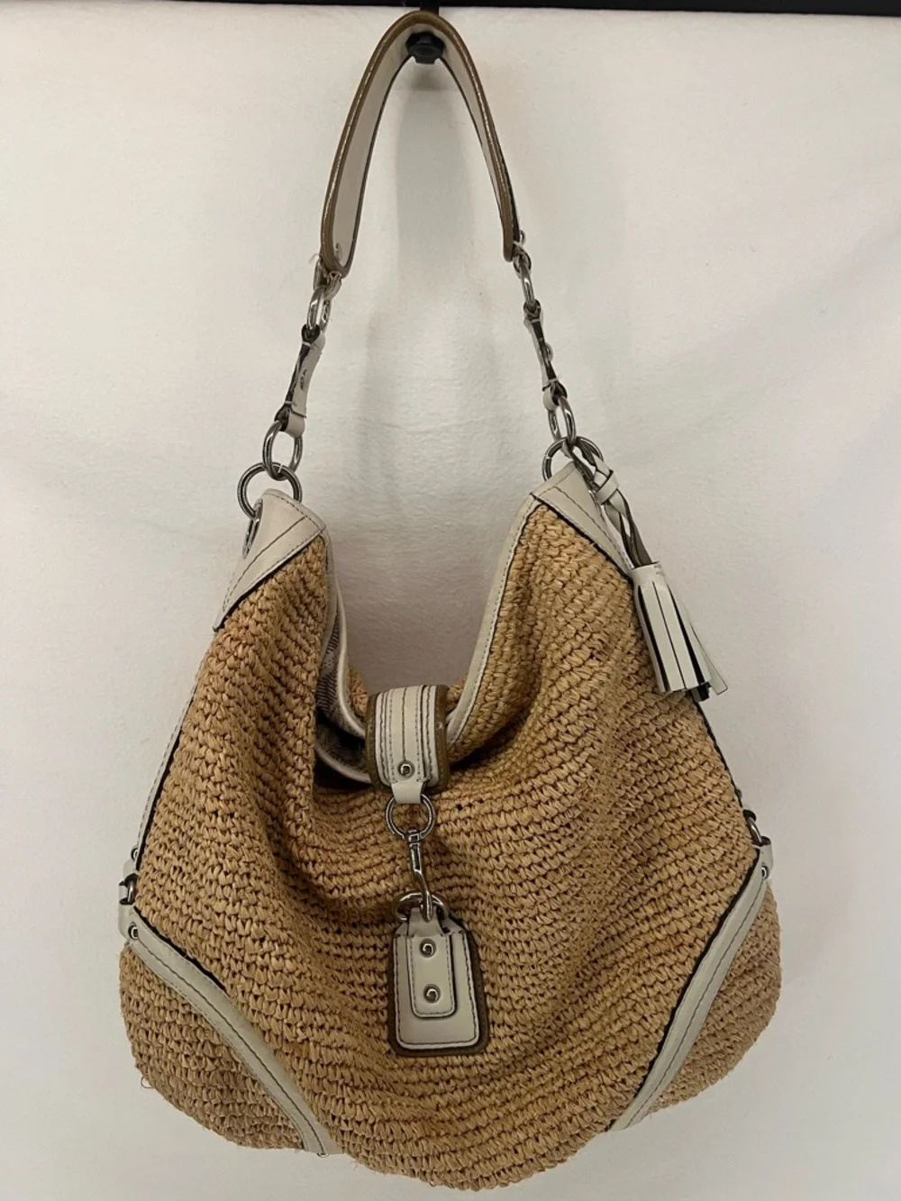 Vintage Y2K Coach Natural Straw White Leather Large Hobo Slouchy Shoulder Bag